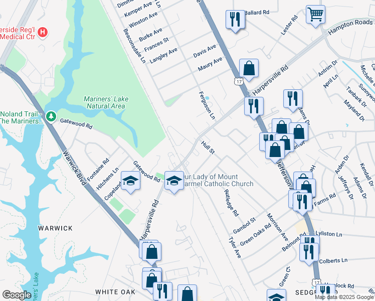 map of restaurants, bars, coffee shops, grocery stores, and more near 217 Harpersville Road in Newport News
