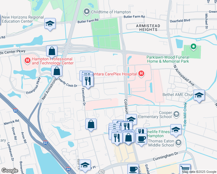 map of restaurants, bars, coffee shops, grocery stores, and more near 1342 Vanasse Court in Hampton
