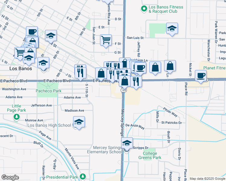 map of restaurants, bars, coffee shops, grocery stores, and more near 1313 East Pacheco Boulevard in Los Banos