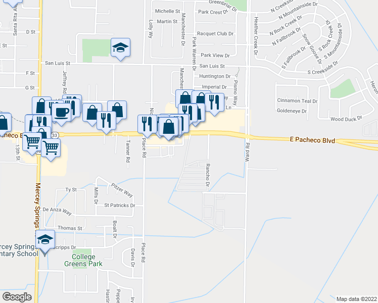 map of restaurants, bars, coffee shops, grocery stores, and more near 2169 East Pacheco Boulevard in Los Banos
