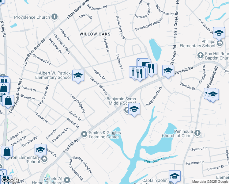 map of restaurants, bars, coffee shops, grocery stores, and more near 263 Clemwood Parkway in Hampton