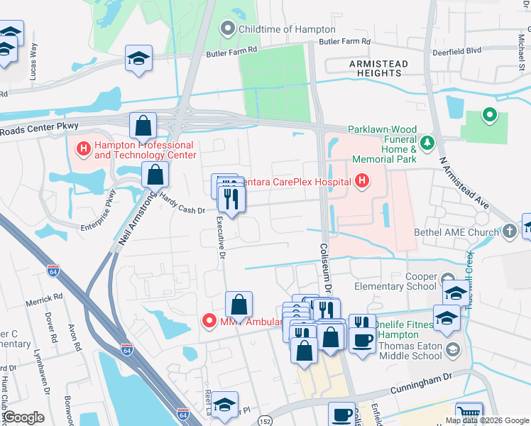 map of restaurants, bars, coffee shops, grocery stores, and more near in Hampton