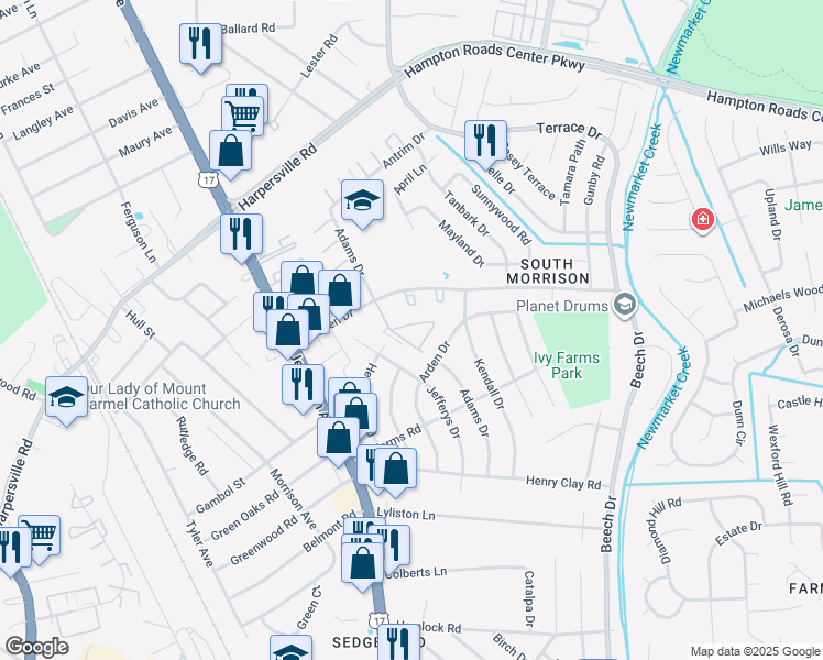 map of restaurants, bars, coffee shops, grocery stores, and more near 621 Adams Drive in Newport News