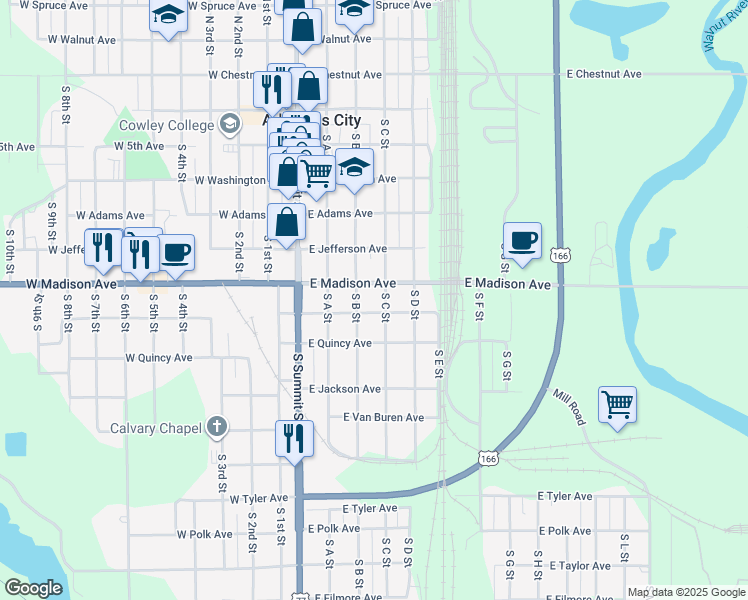 map of restaurants, bars, coffee shops, grocery stores, and more near 610 South C Street in Arkansas City