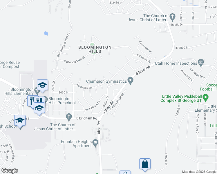 map of restaurants, bars, coffee shops, grocery stores, and more near 6106 Willow Drive in St. George
