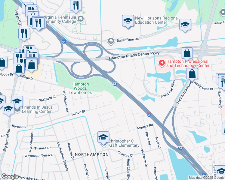 map of restaurants, bars, coffee shops, grocery stores, and more near 20 Rose Briar Place in Hampton