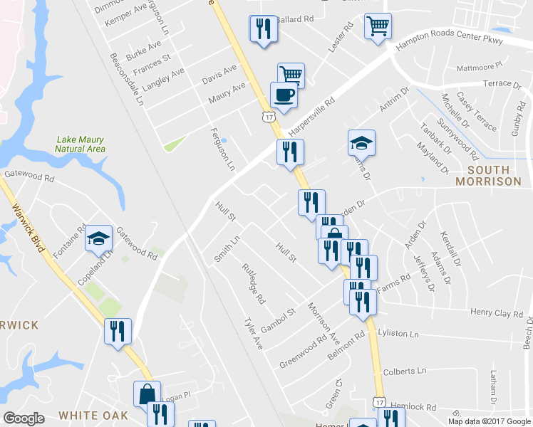 map of restaurants, bars, coffee shops, grocery stores, and more near 12 Sanford Drive in Newport News