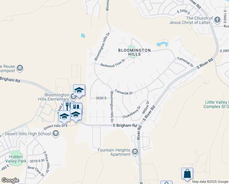 map of restaurants, bars, coffee shops, grocery stores, and more near 1112 Tamarisk Drive in St. George