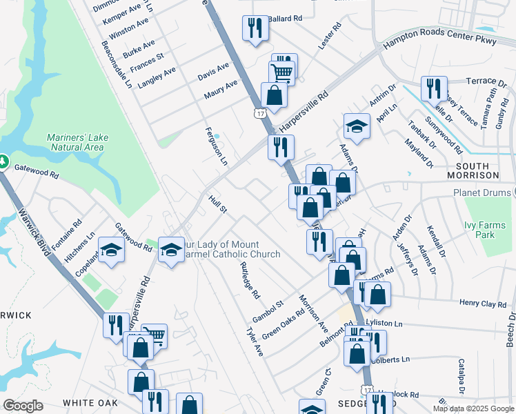map of restaurants, bars, coffee shops, grocery stores, and more near 12 Sanford Drive in Newport News