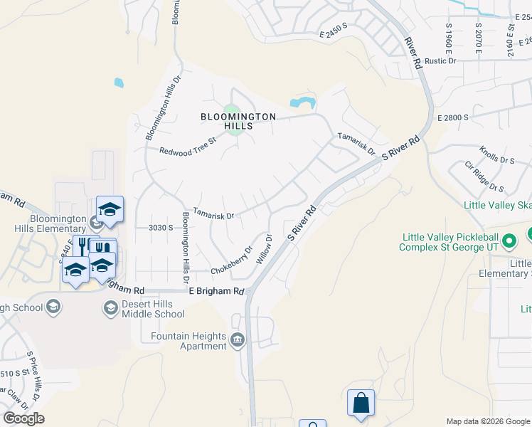 map of restaurants, bars, coffee shops, grocery stores, and more near 3038 Willow Drive in St. George