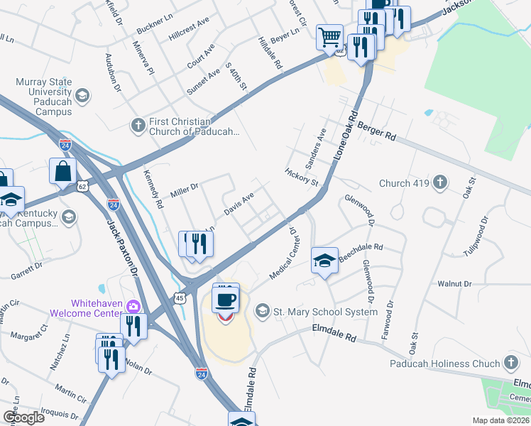 map of restaurants, bars, coffee shops, grocery stores, and more near 210 Poplar Street in Paducah
