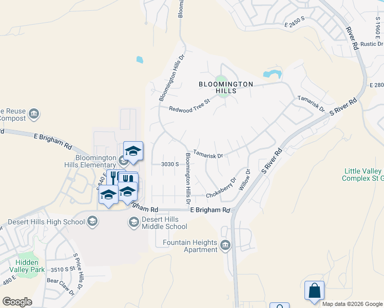 map of restaurants, bars, coffee shops, grocery stores, and more near 1112 Tamarisk Drive in St. George