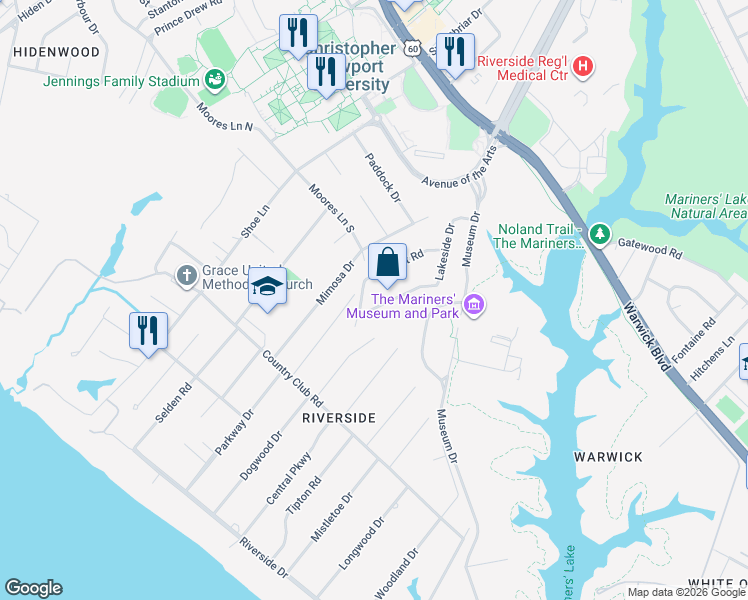 map of restaurants, bars, coffee shops, grocery stores, and more near 87 Lakeside Dr in Newport News
