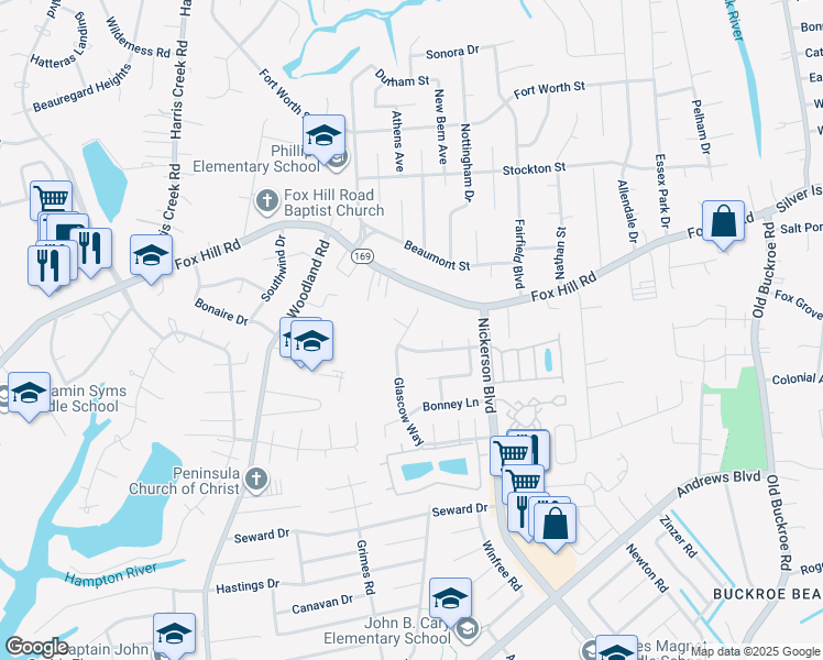 map of restaurants, bars, coffee shops, grocery stores, and more near 132 Glascow Way in Hampton