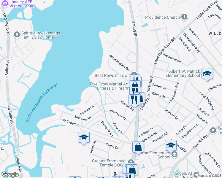map of restaurants, bars, coffee shops, grocery stores, and more near 208 Kove Drive in Hampton