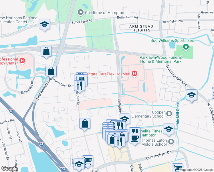 map of restaurants, bars, coffee shops, grocery stores, and more near 1318 Vanasse Court in Hampton
