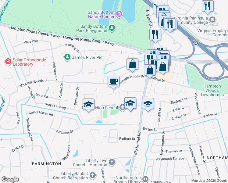 map of restaurants, bars, coffee shops, grocery stores, and more near 53 Brogden Lane in Hampton