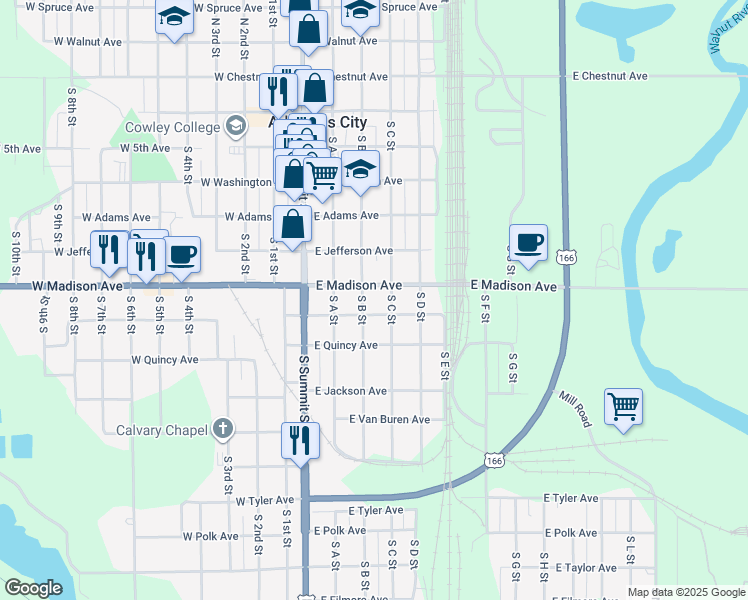 map of restaurants, bars, coffee shops, grocery stores, and more near 600 South B Street in Arkansas City