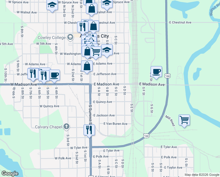 map of restaurants, bars, coffee shops, grocery stores, and more near 600 South B Street in Arkansas City