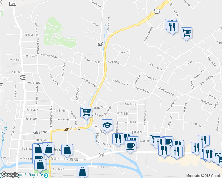 map of restaurants, bars, coffee shops, grocery stores, and more near 511 Arara Lane in Pulaski