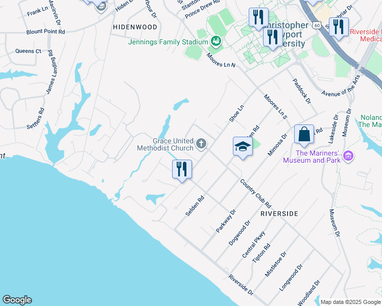 map of restaurants, bars, coffee shops, grocery stores, and more near 1204 Scottland Terrace in Newport News