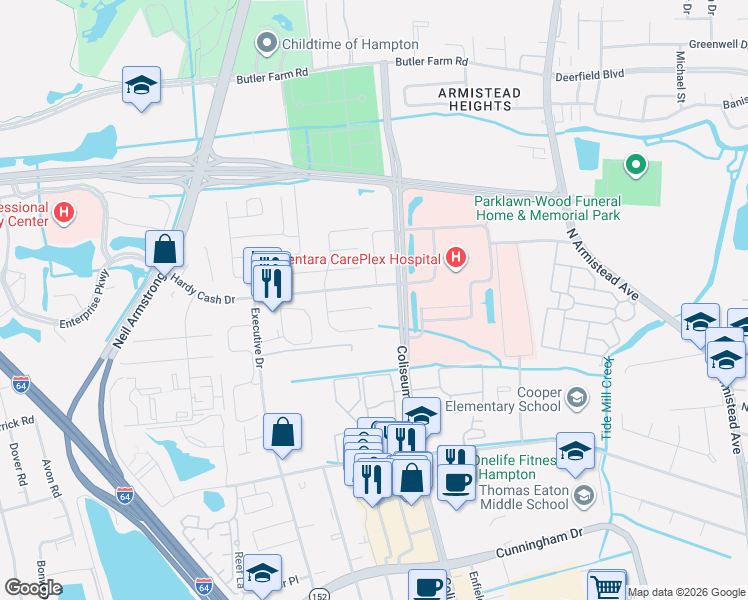 map of restaurants, bars, coffee shops, grocery stores, and more near 1300 Vanasse Court in Hampton