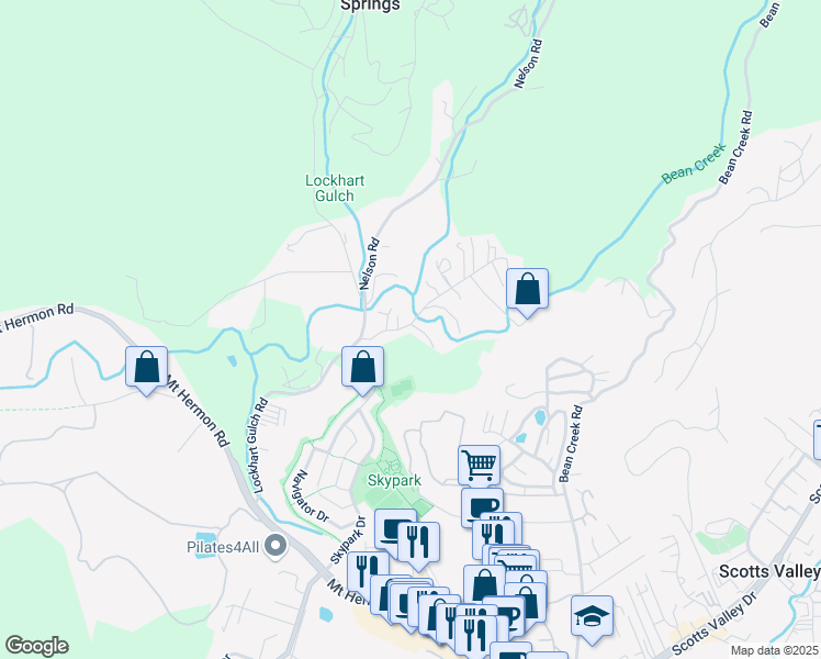 map of restaurants, bars, coffee shops, grocery stores, and more near 120 Green Valley Road in Scotts Valley