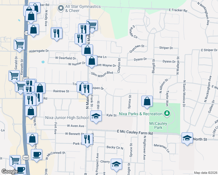 map of restaurants, bars, coffee shops, grocery stores, and more near 107 Aspen Circle in Nixa