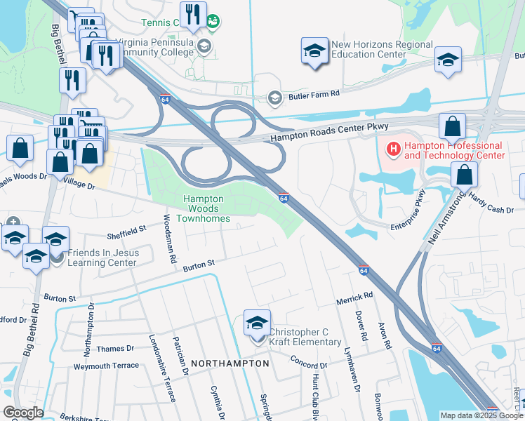 map of restaurants, bars, coffee shops, grocery stores, and more near 15 Sweet Gum Place in Hampton