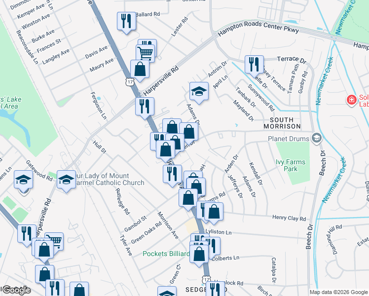 map of restaurants, bars, coffee shops, grocery stores, and more near 100 Tricia Lane in Newport News