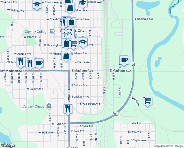 map of restaurants, bars, coffee shops, grocery stores, and more near 610 South C Street in Arkansas City