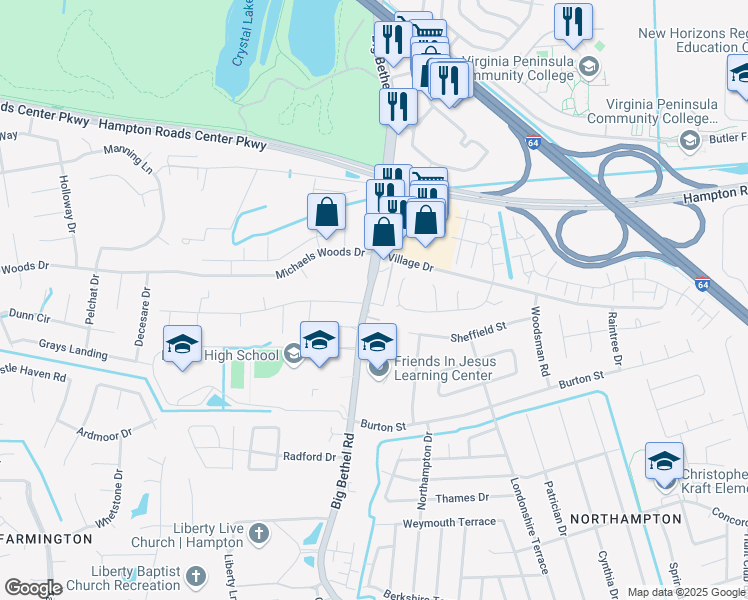 map of restaurants, bars, coffee shops, grocery stores, and more near 1100 Big Bethel Road in Hampton