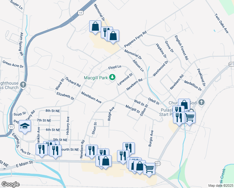 map of restaurants, bars, coffee shops, grocery stores, and more near 1017 Newbern Road in Pulaski