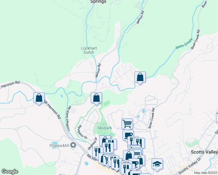 map of restaurants, bars, coffee shops, grocery stores, and more near 120 Green Valley Road in Scotts Valley