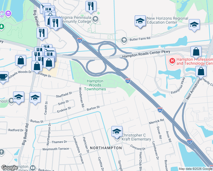 map of restaurants, bars, coffee shops, grocery stores, and more near 20 Gold Leaf Place in Hampton