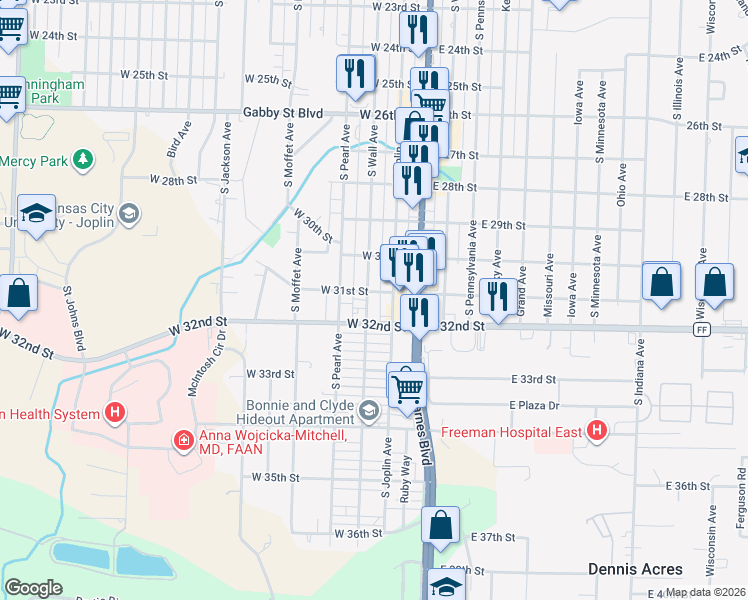 map of restaurants, bars, coffee shops, grocery stores, and more near 3105 South Wall Avenue in Joplin