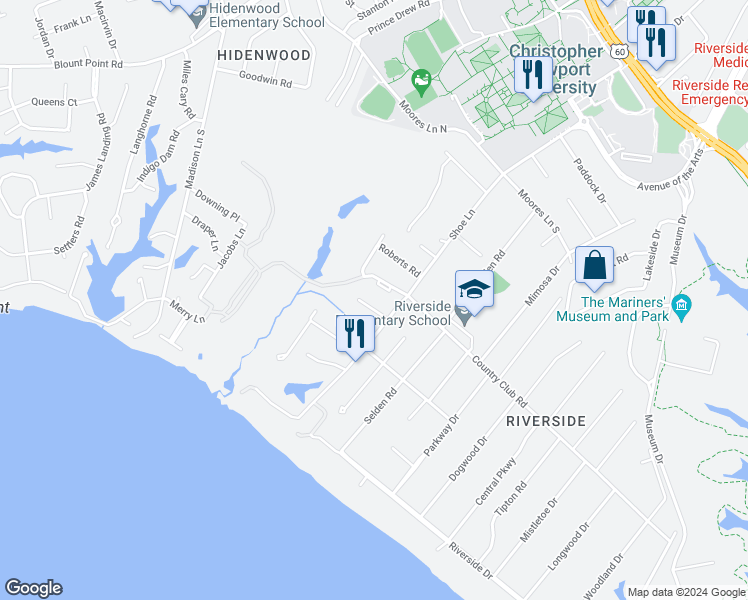 map of restaurants, bars, coffee shops, grocery stores, and more near 1204 Scottland Terrace in Newport News