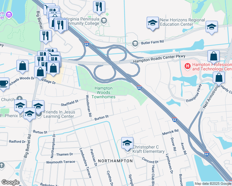 map of restaurants, bars, coffee shops, grocery stores, and more near 20 Gold Leaf Place in Hampton