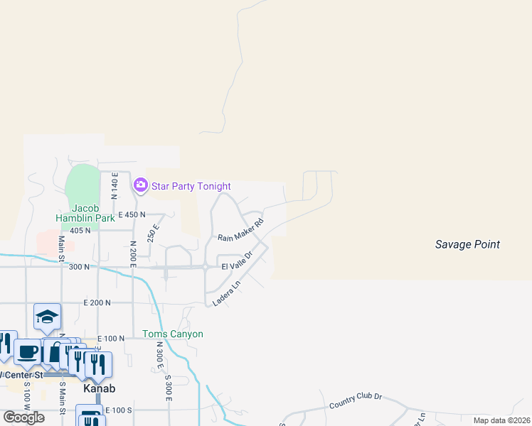 map of restaurants, bars, coffee shops, grocery stores, and more near 586 Rain Maker Road in Kanab