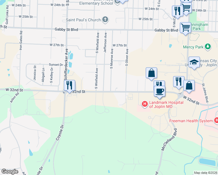 map of restaurants, bars, coffee shops, grocery stores, and more near 3126 South Monroe Avenue in Joplin