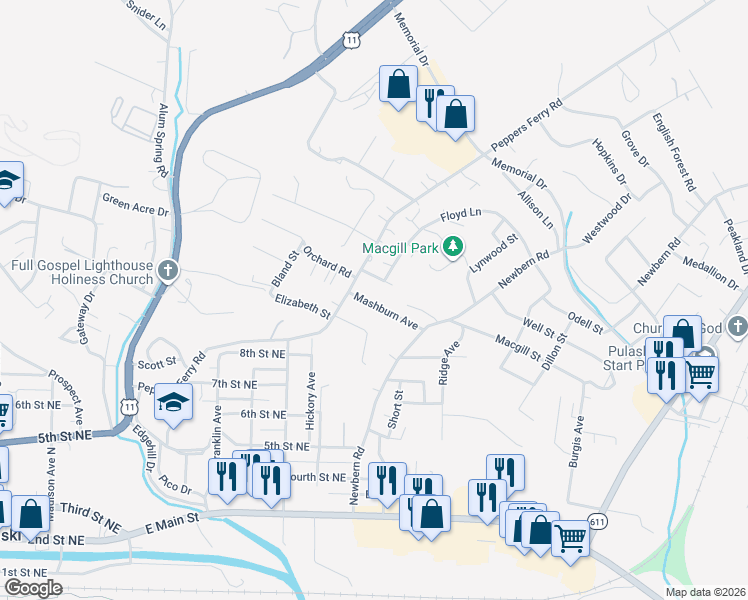 map of restaurants, bars, coffee shops, grocery stores, and more near 903 Mashburn Avenue in Pulaski