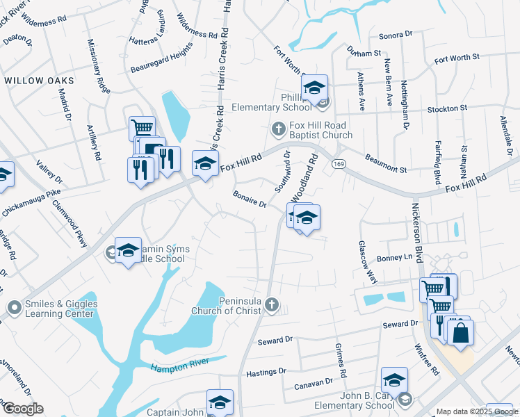 map of restaurants, bars, coffee shops, grocery stores, and more near 28 Bonaire Drive in Hampton