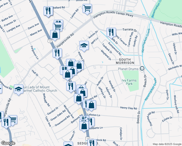 map of restaurants, bars, coffee shops, grocery stores, and more near 541 Adams Drive in Newport News