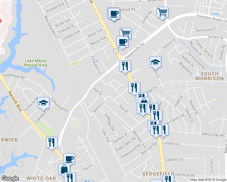 map of restaurants, bars, coffee shops, grocery stores, and more near 10 Sanford Drive in Newport News
