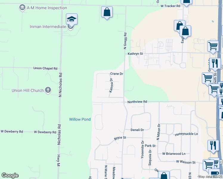 map of restaurants, bars, coffee shops, grocery stores, and more near 24 Brom Bones Court in Nixa