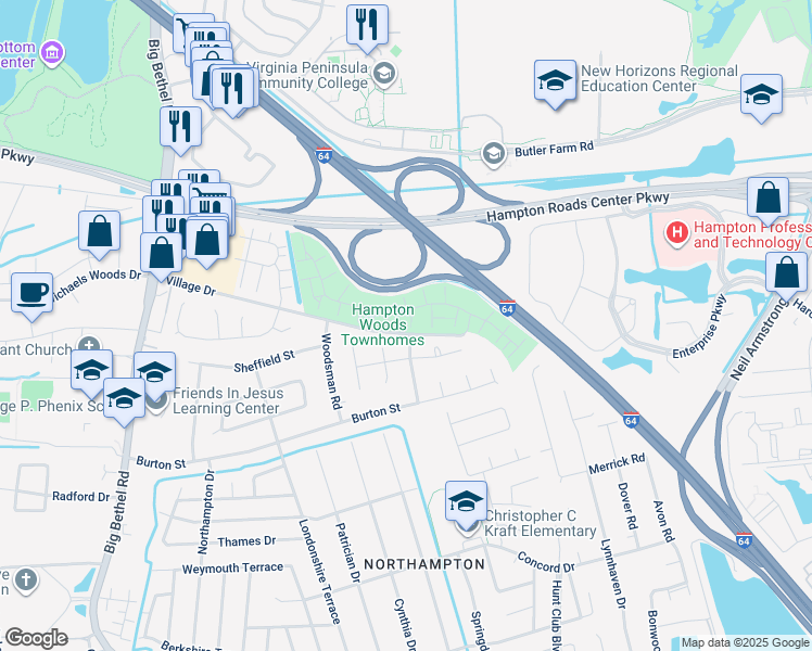 map of restaurants, bars, coffee shops, grocery stores, and more near 16 Treebark Place in Hampton