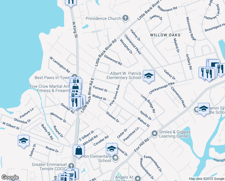map of restaurants, bars, coffee shops, grocery stores, and more near 211 Forrest Street in Hampton