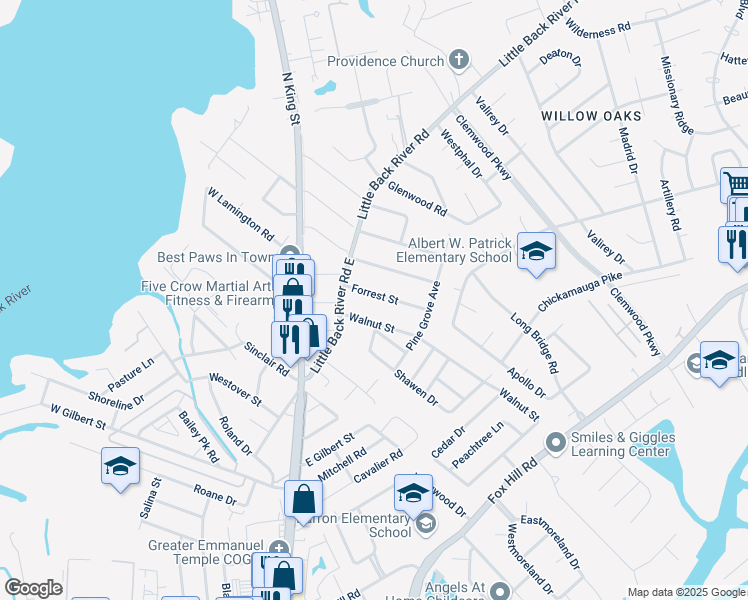map of restaurants, bars, coffee shops, grocery stores, and more near 112 Forrest Street in Hampton