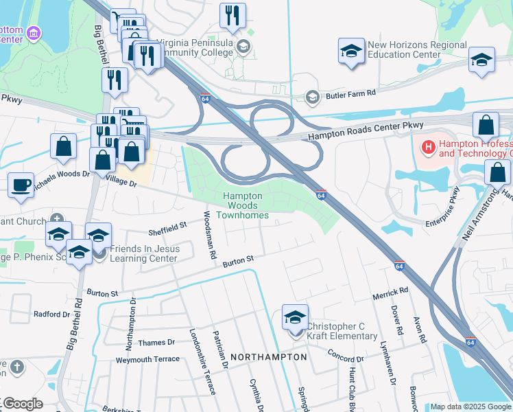map of restaurants, bars, coffee shops, grocery stores, and more near 16 Treebark Place in Hampton