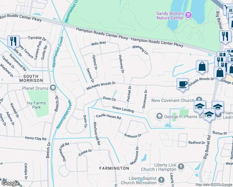 map of restaurants, bars, coffee shops, grocery stores, and more near 8 Ancel Court in Hampton